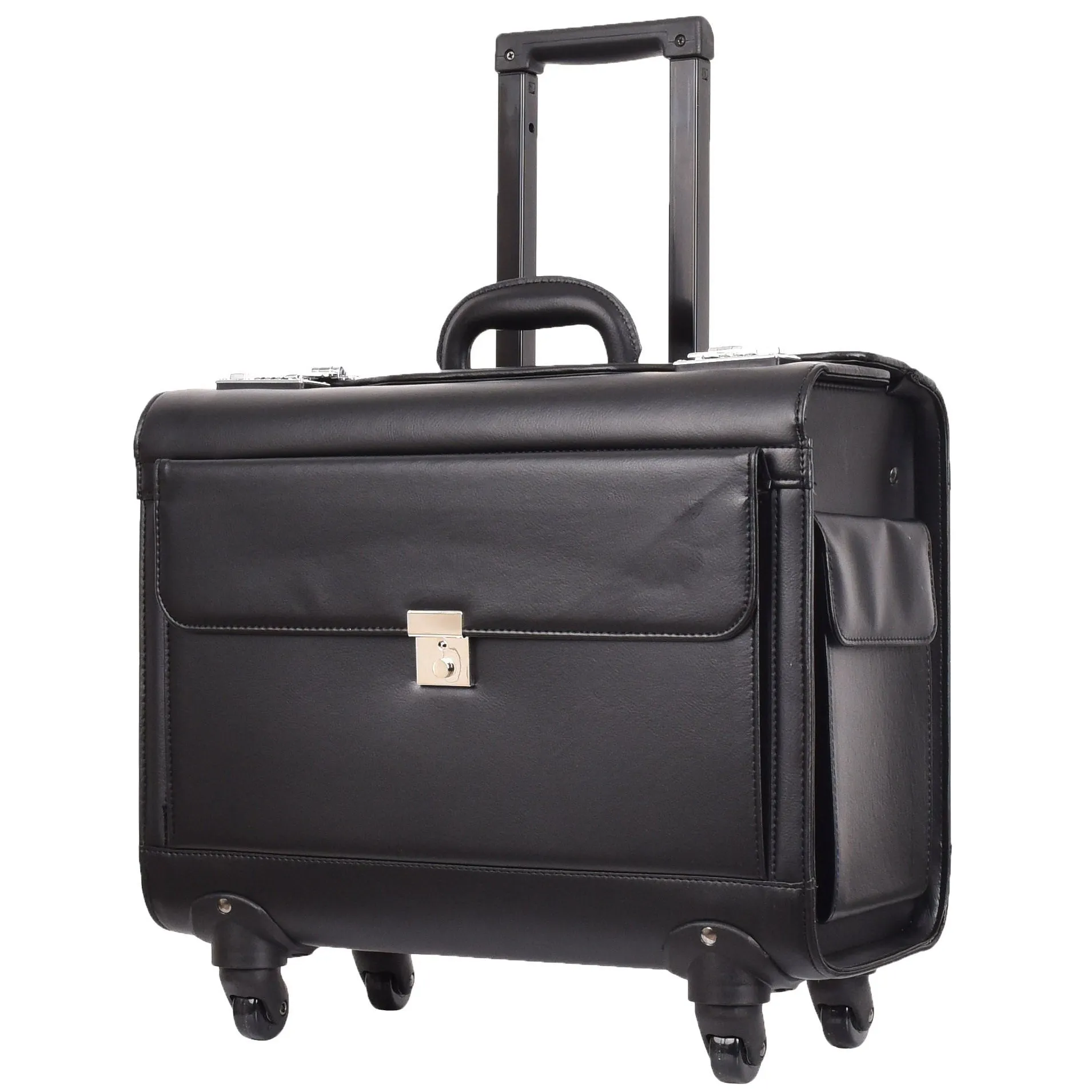 DR689 Leather Cabin Bag Four Wheel Carry on Pilot Case Black