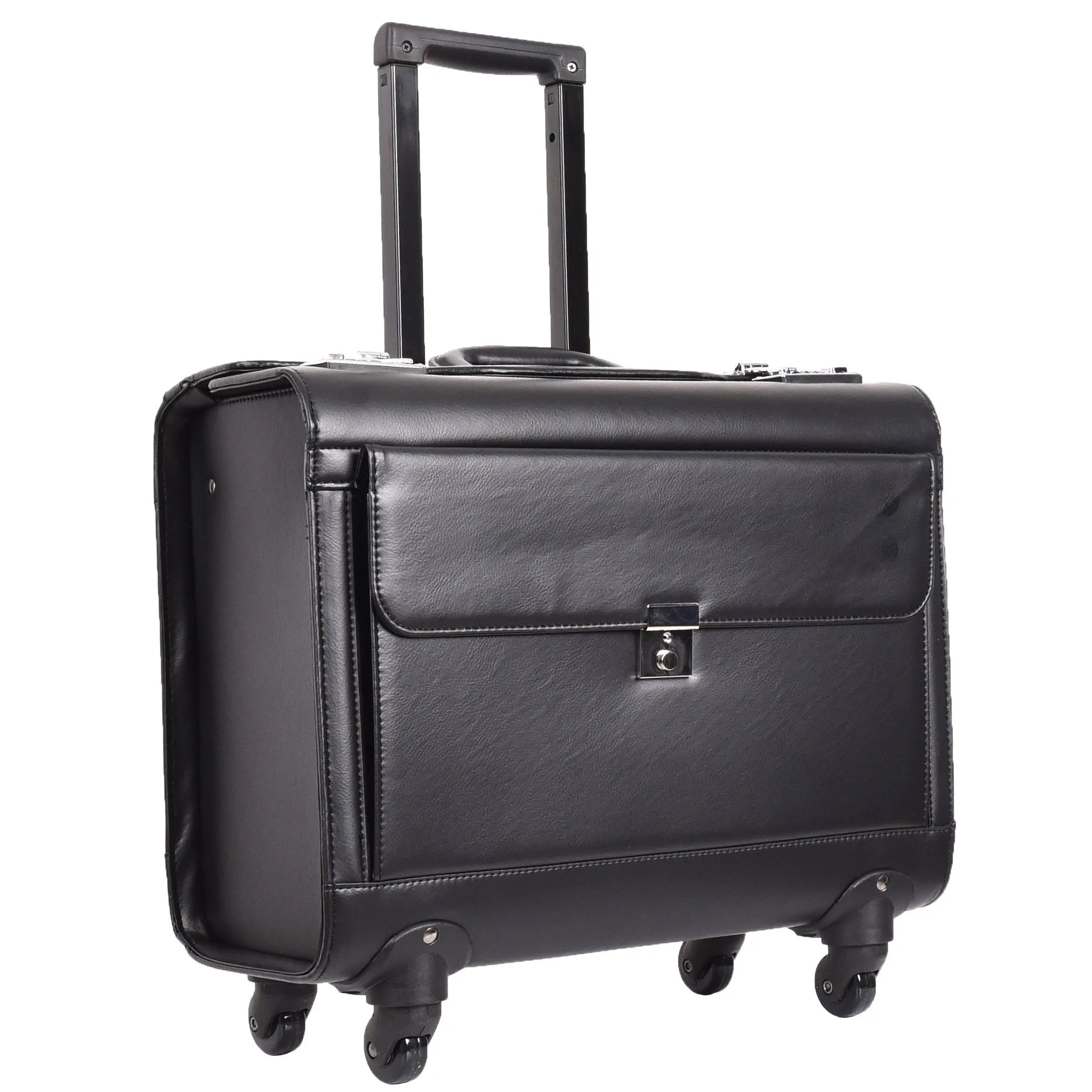 DR689 Leather Cabin Bag Four Wheel Carry on Pilot Case Black