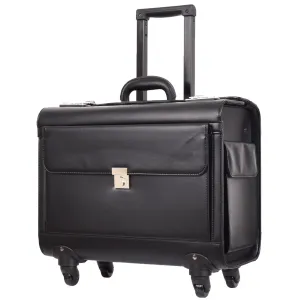 DR689 Leather Cabin Bag Four Wheel Carry on Pilot Case Black