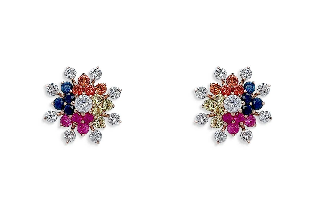 Earrings 18kt Gold Mandala Multicolor Sapphires & Diamonds
