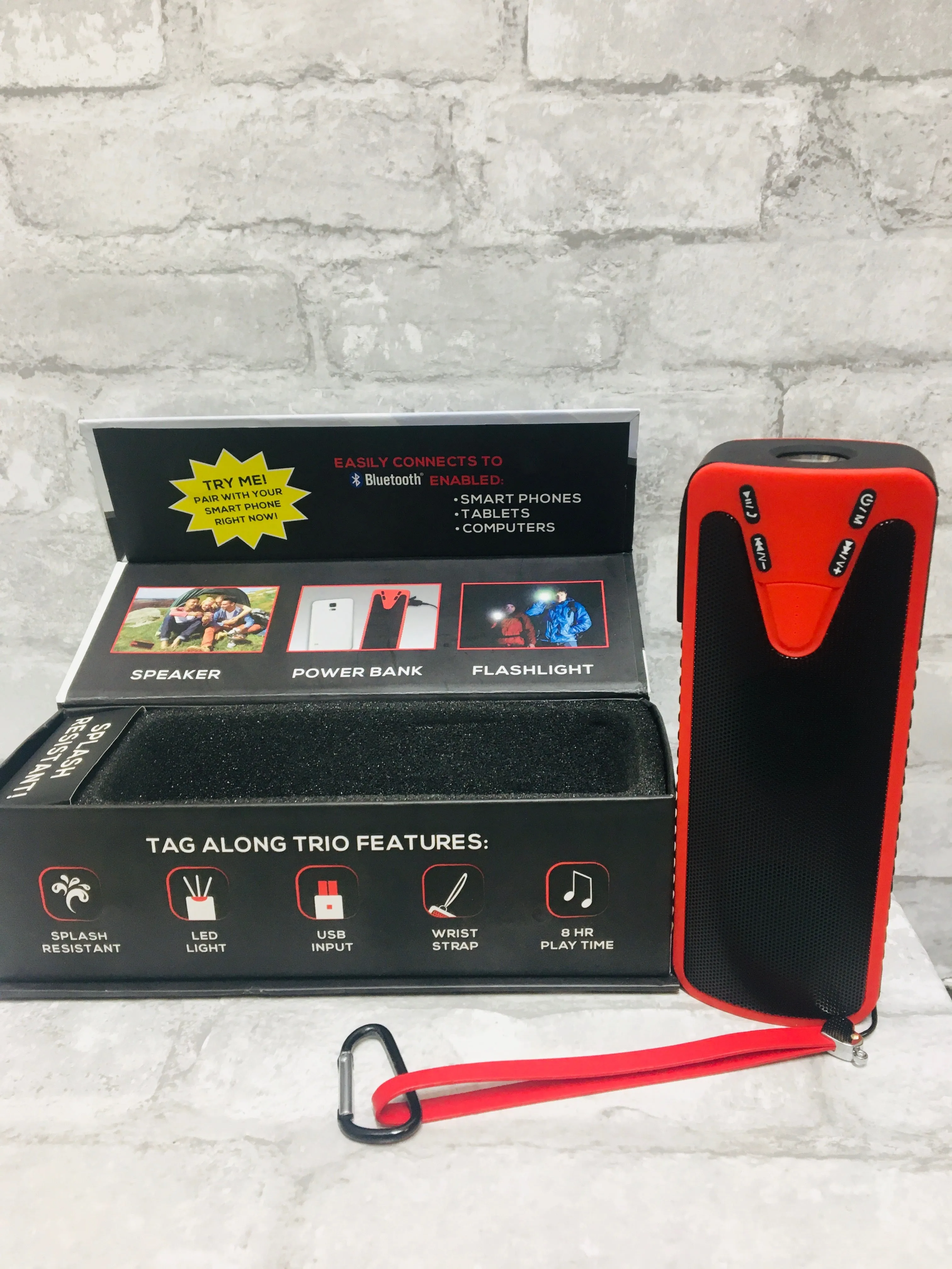 Emergency Tag Along Trio! This is a Wireless Speaker~Power Bank~LED Light All in One!! Splash Resistant!