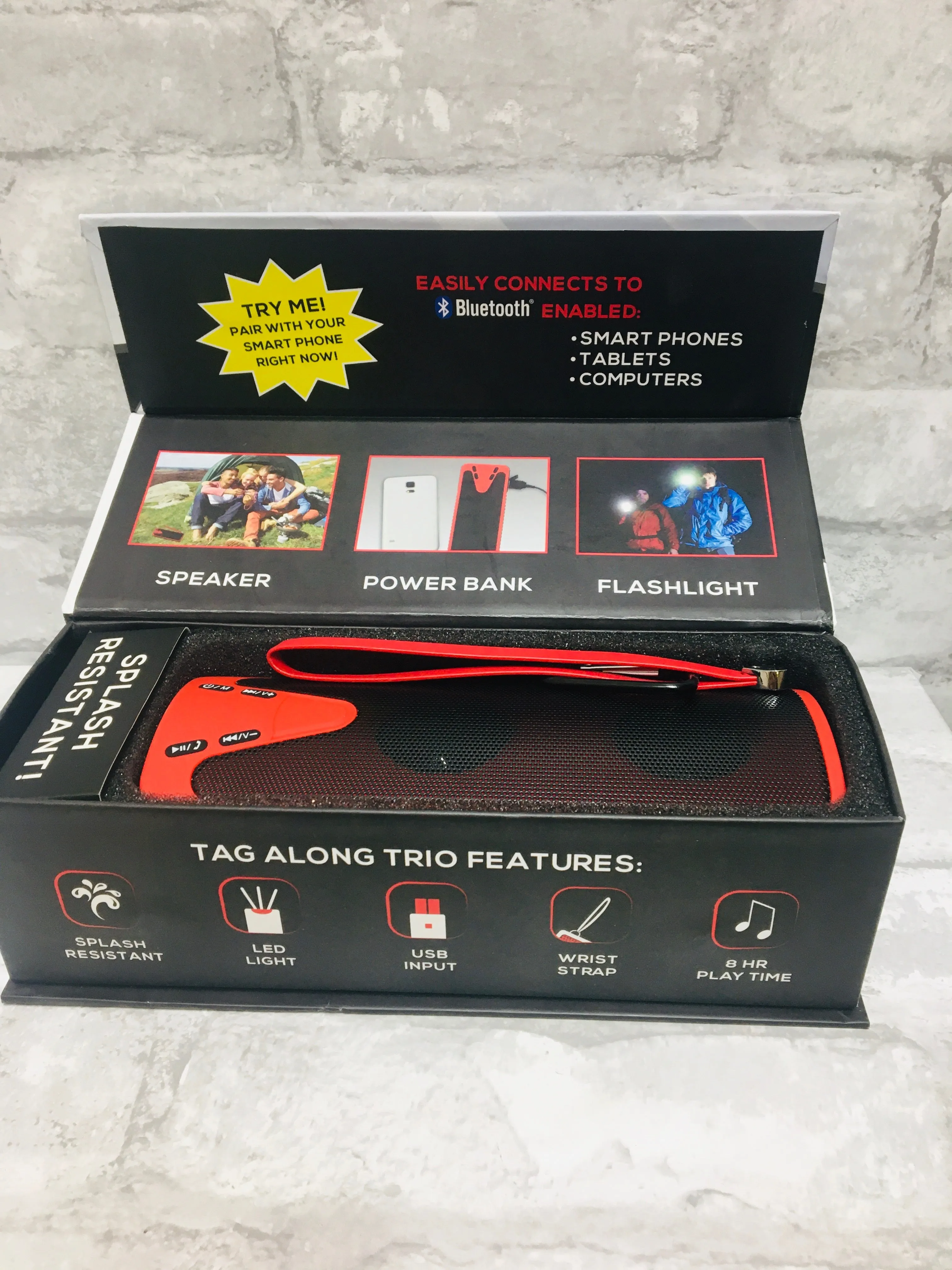 Emergency Tag Along Trio! This is a Wireless Speaker~Power Bank~LED Light All in One!! Splash Resistant!