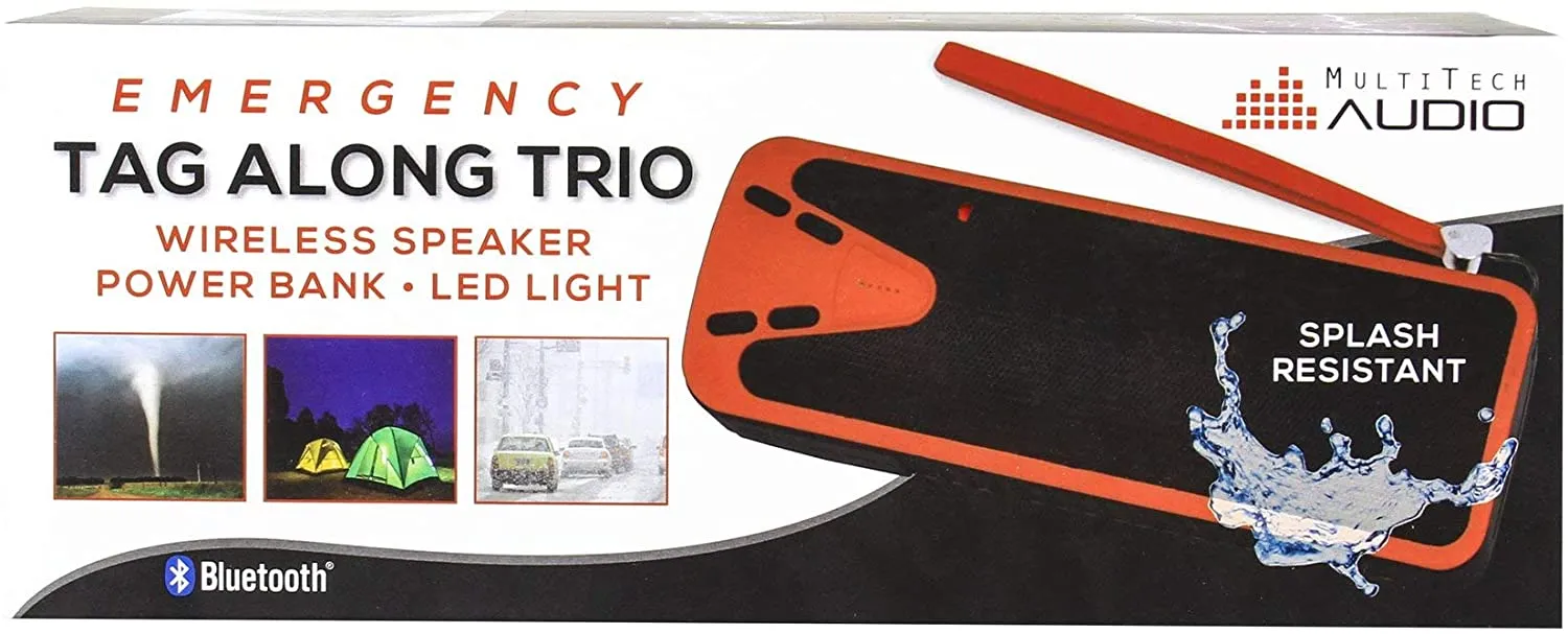 Emergency Tag Along Trio! This is a Wireless Speaker~Power Bank~LED Light All in One!! Splash Resistant!