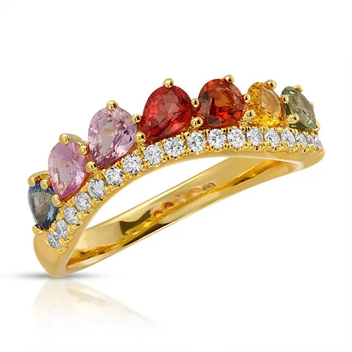 Fancy Multi color Sapphire & white Diamond  14k Yellow Color Band Ring