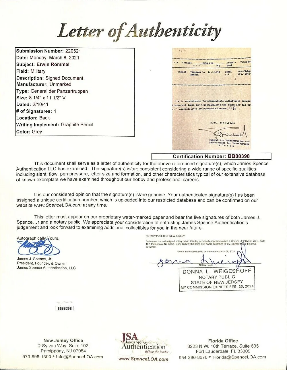 General Erwin Rommel Signed 1941 WWII Document JSA LOA