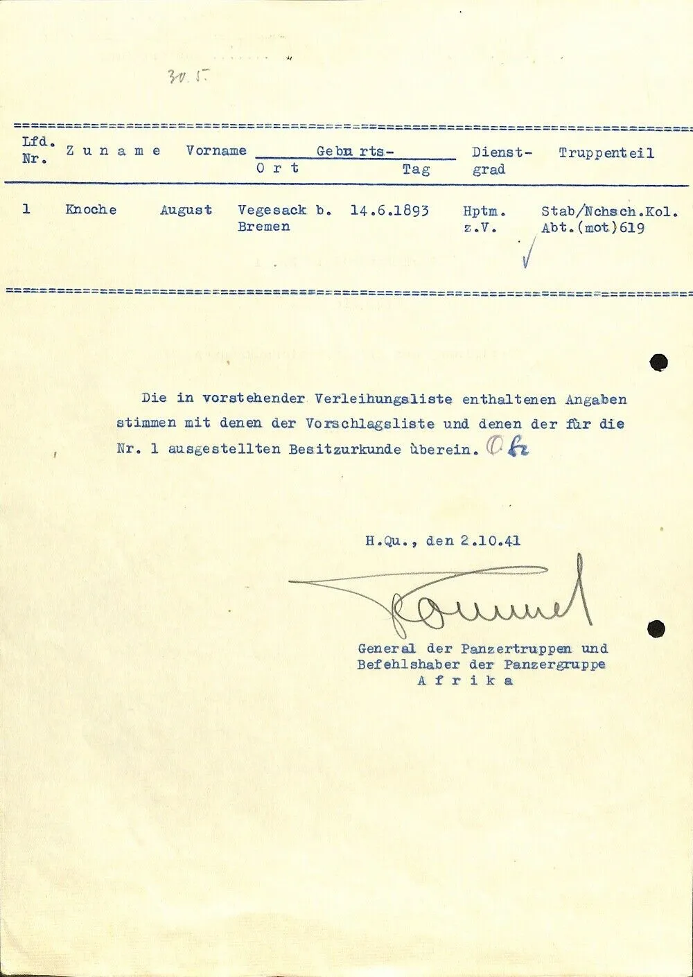 General Erwin Rommel Signed 1941 WWII Document JSA LOA