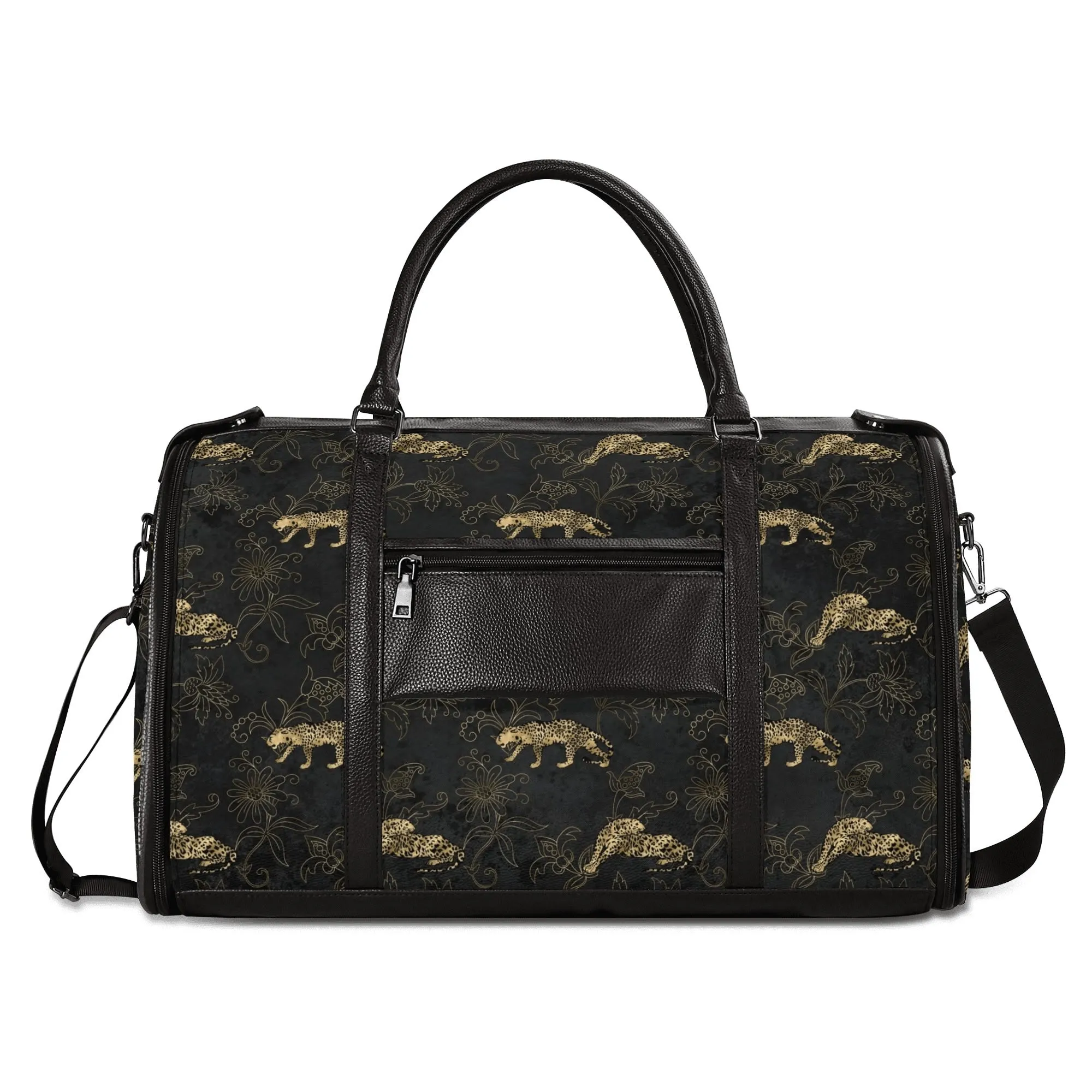 Gold Leopard Pattern Foldable PU Leather Travel Bag with Shoulder Strap