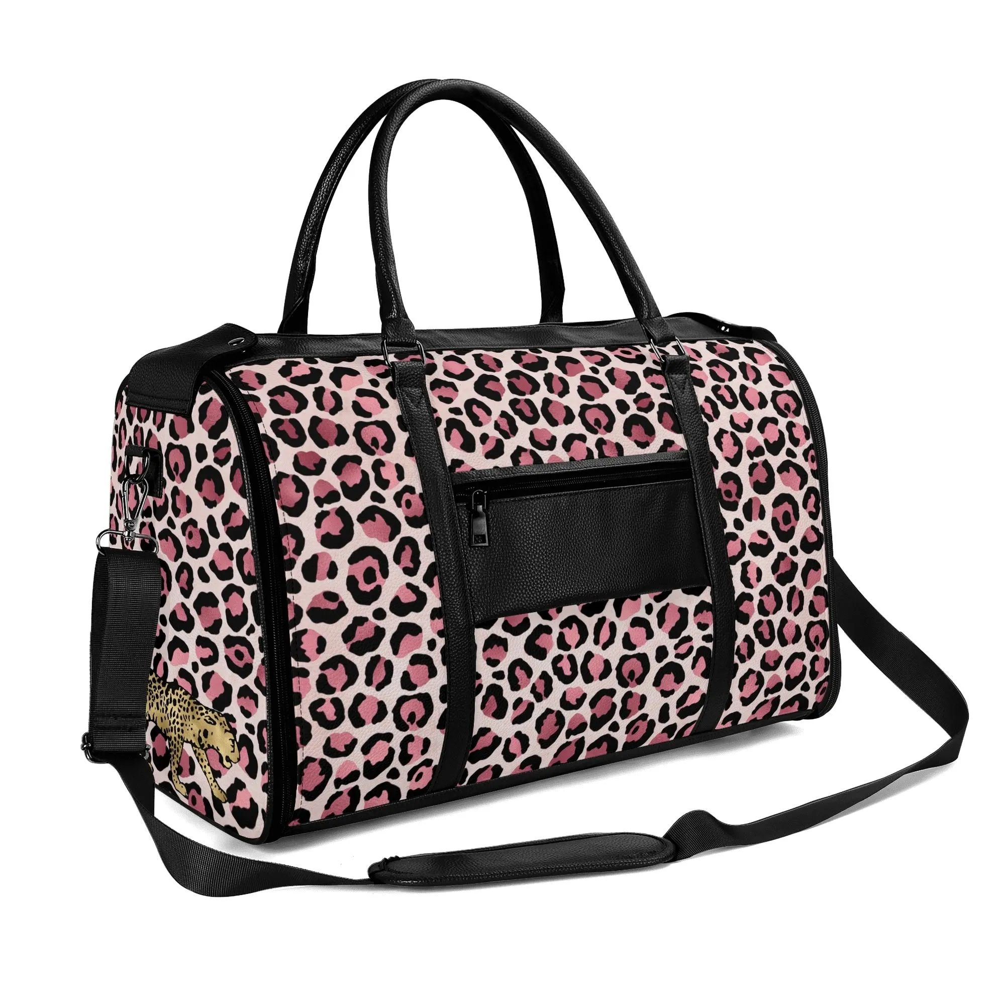 Gold Leopard Pattern Foldable PU Leather Travel Bag with Shoulder Strap