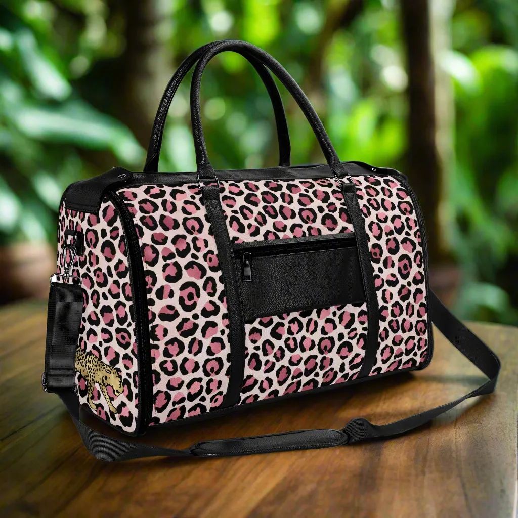 Gold Leopard Pattern Foldable PU Leather Travel Bag with Shoulder Strap