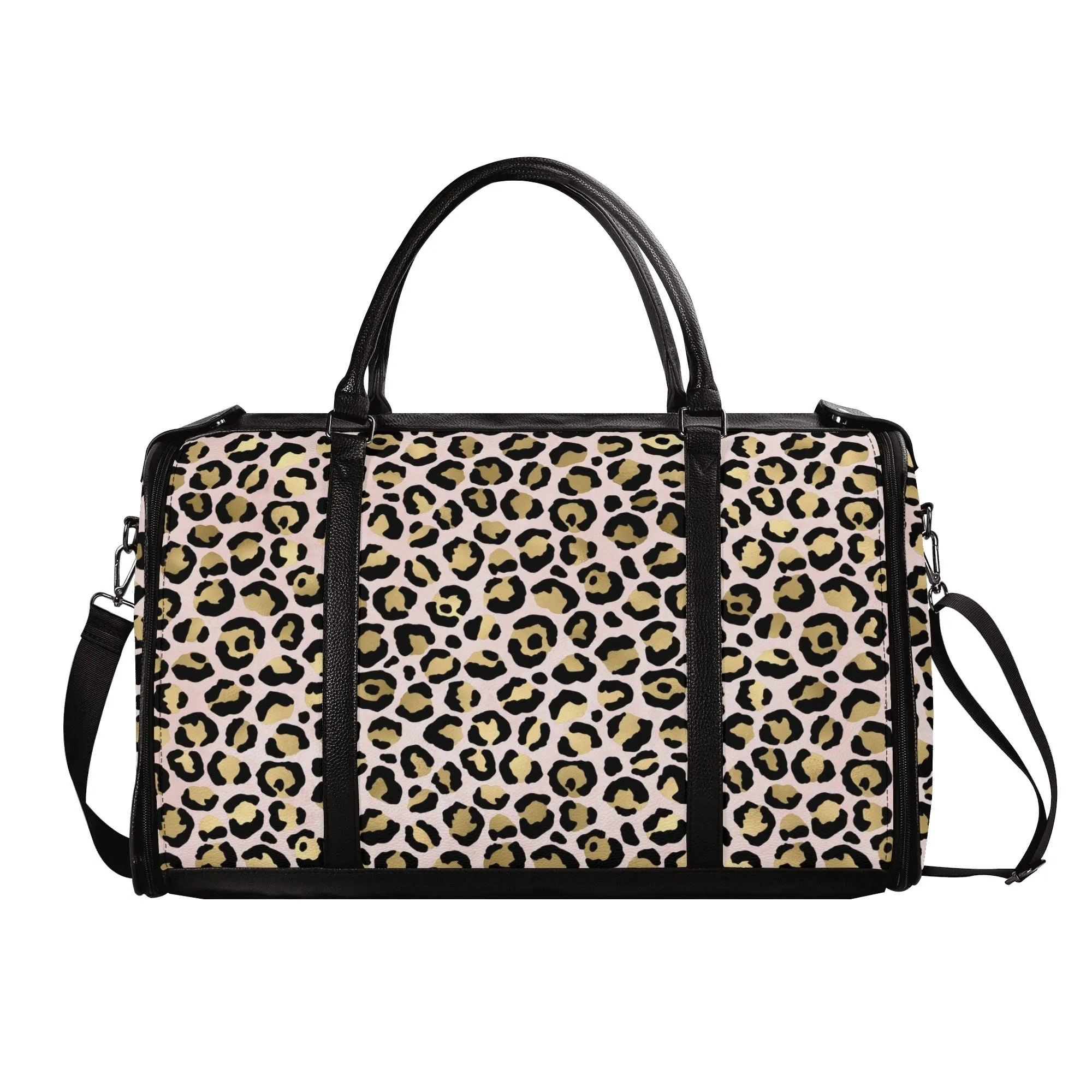 Gold Leopard Pattern Foldable PU Leather Travel Bag with Shoulder Strap