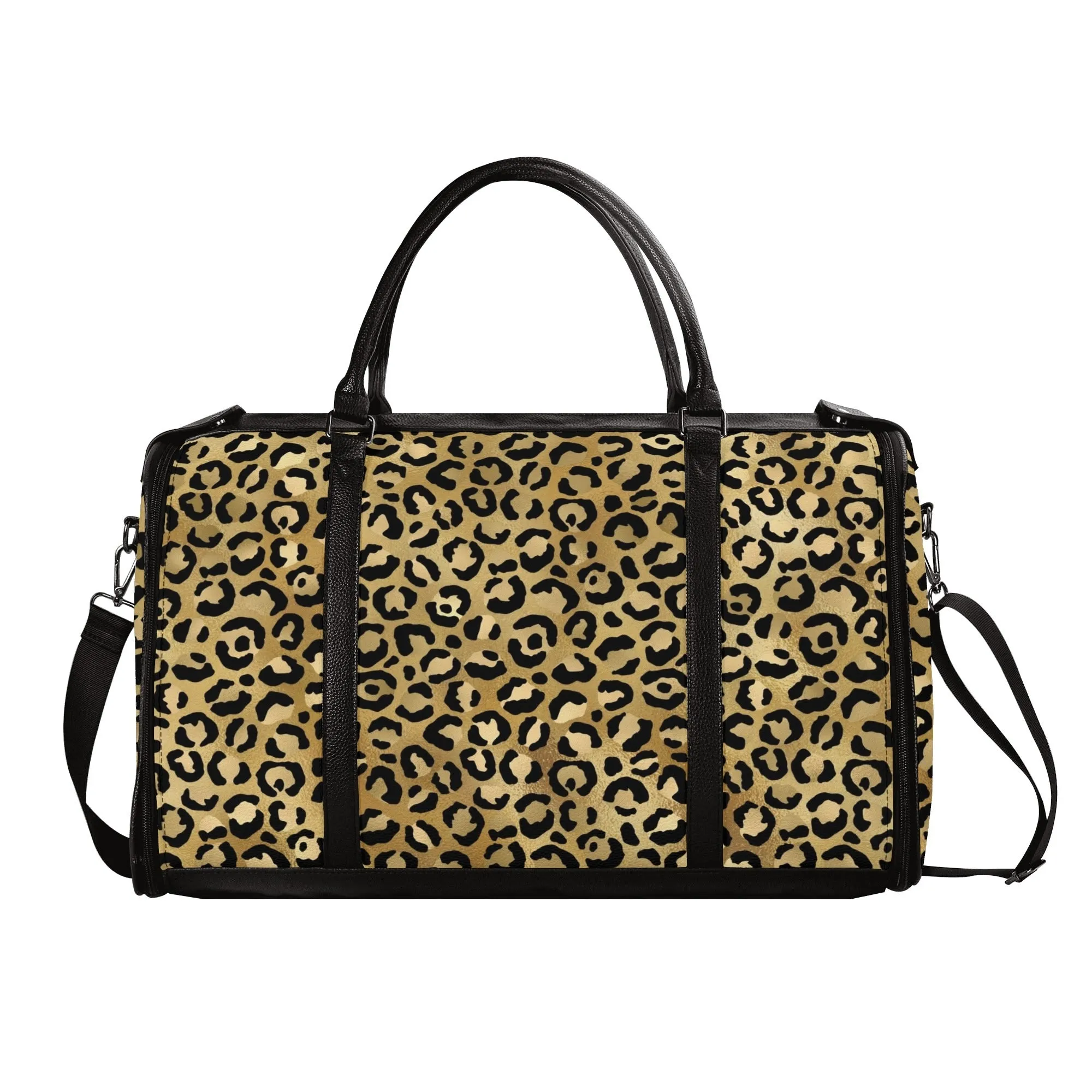 Gold Leopard Pattern Foldable PU Leather Travel Bag with Shoulder Strap