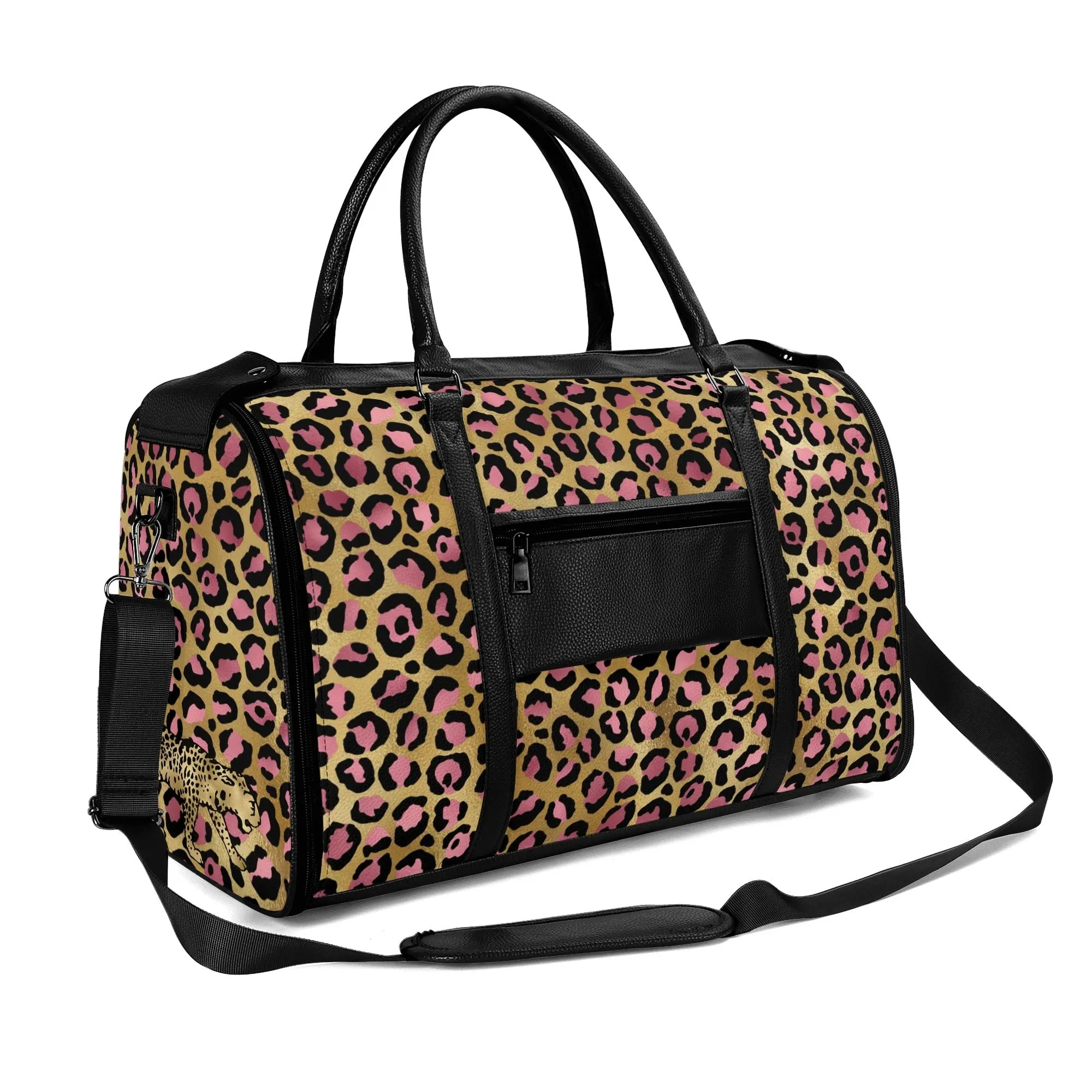 Gold Leopard Pattern Foldable PU Leather Travel Bag with Shoulder Strap