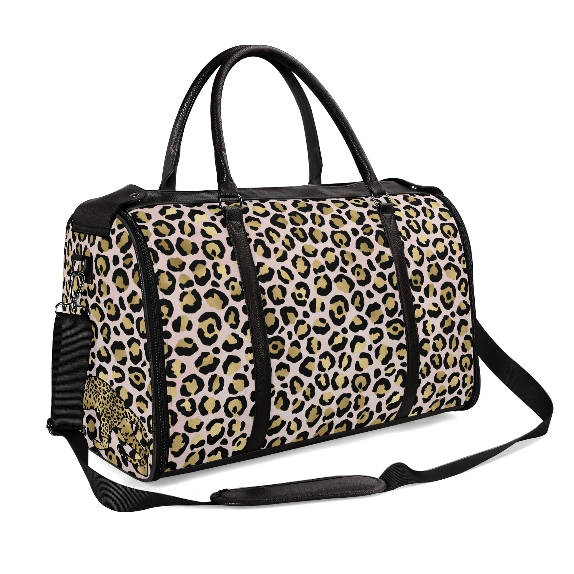 Gold Leopard Pattern Foldable PU Leather Travel Bag with Shoulder Strap