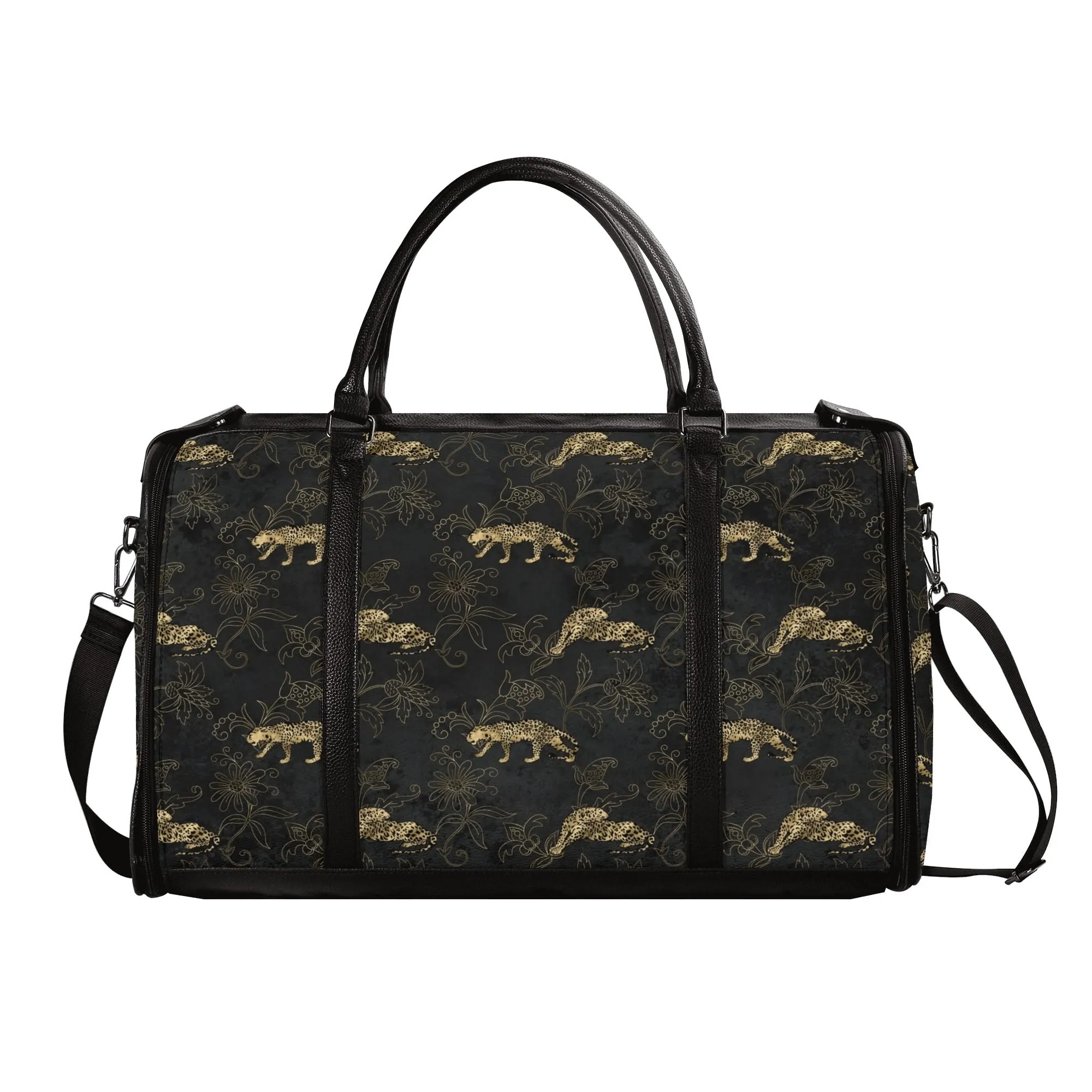 Gold Leopard Pattern Foldable PU Leather Travel Bag with Shoulder Strap