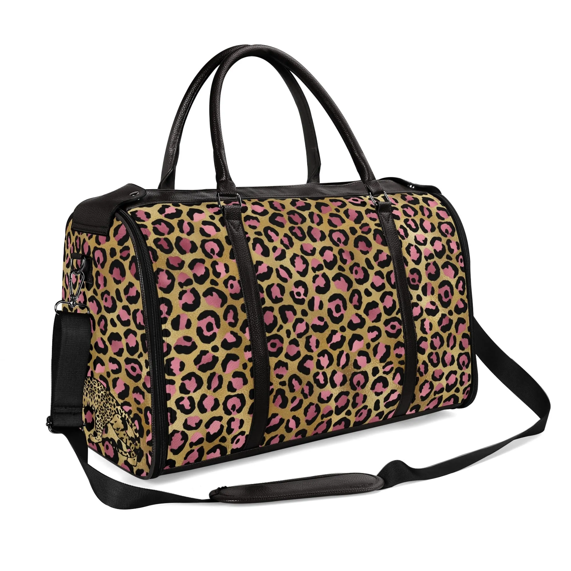 Gold Leopard Pattern Foldable PU Leather Travel Bag with Shoulder Strap