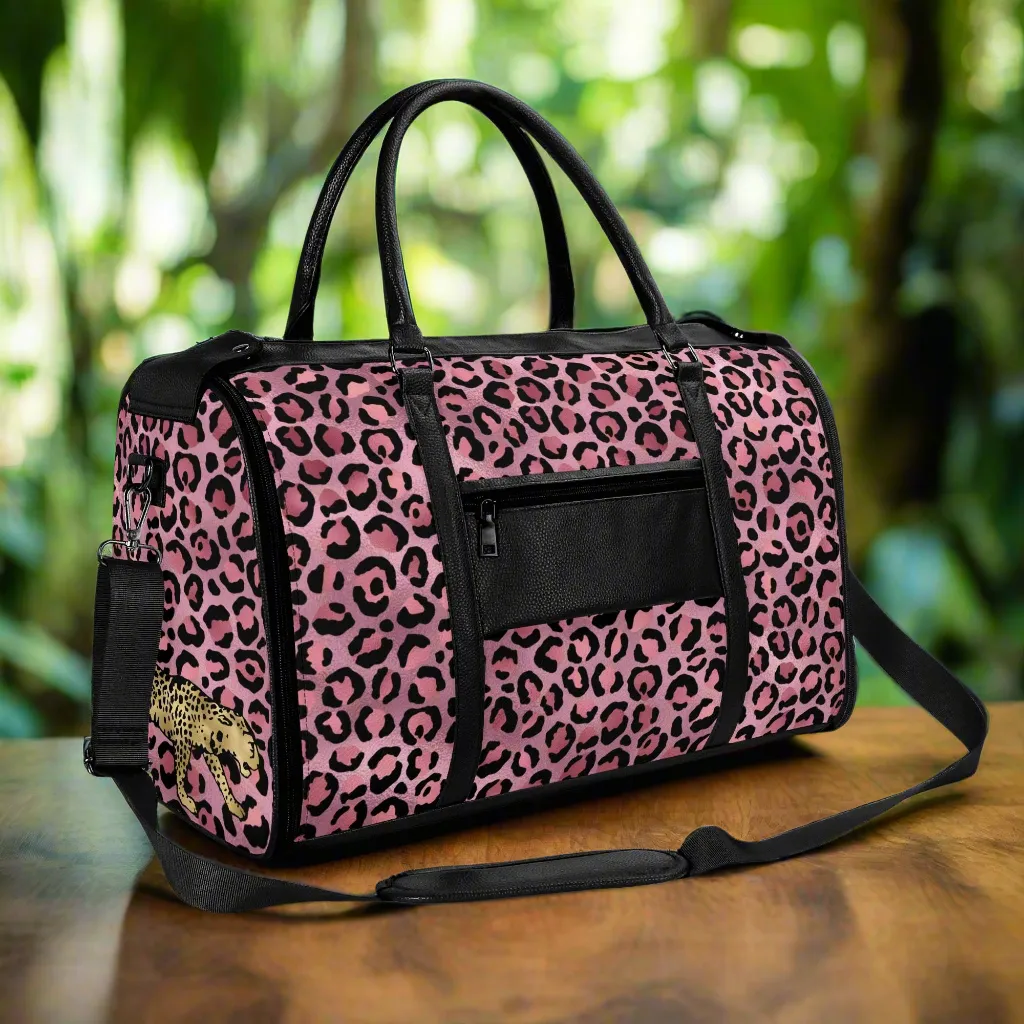 Gold Leopard Pattern Foldable PU Leather Travel Bag with Shoulder Strap