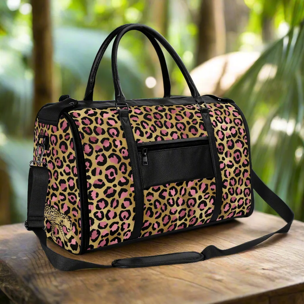 Gold Leopard Pattern Foldable PU Leather Travel Bag with Shoulder Strap