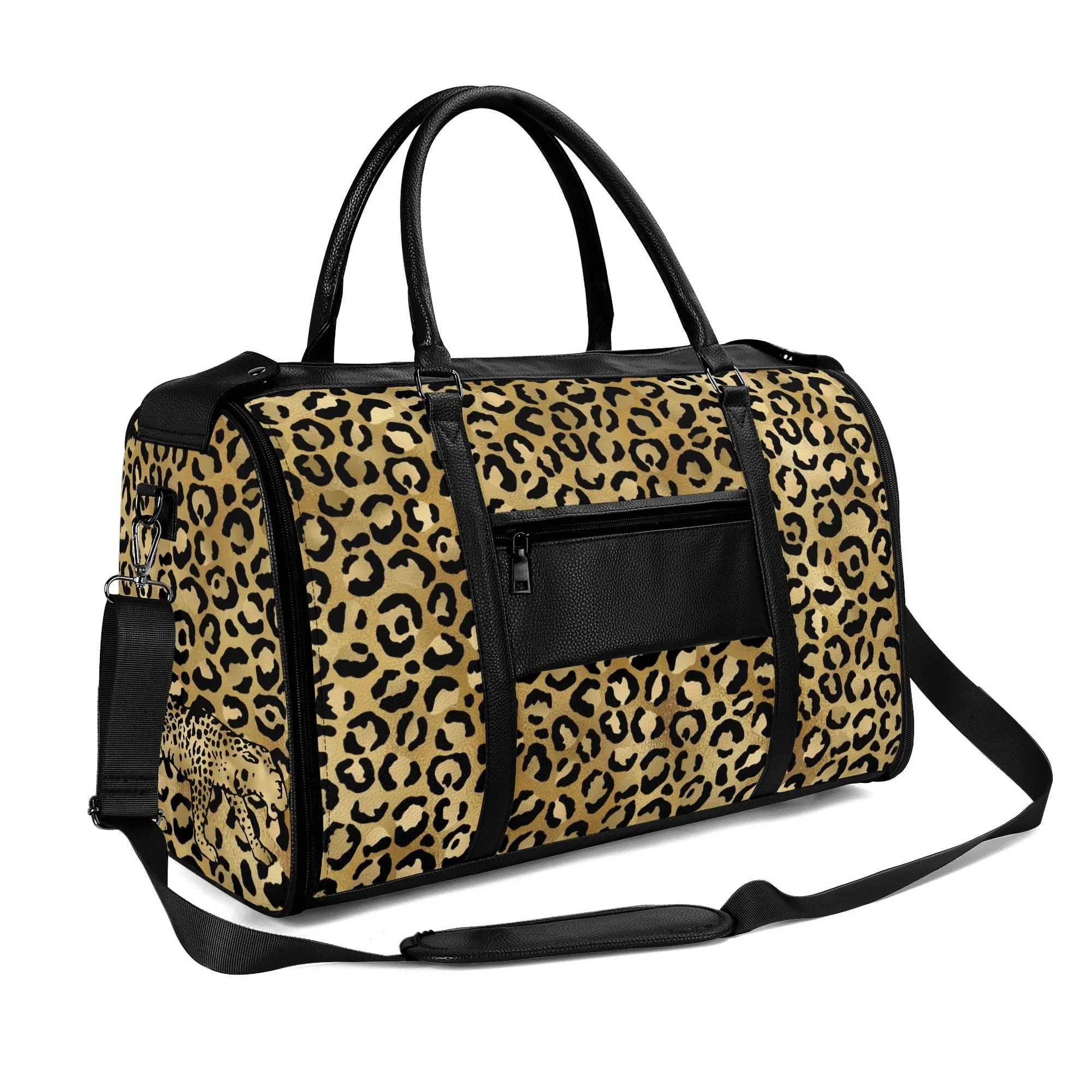 Gold Leopard Pattern Foldable PU Leather Travel Bag with Shoulder Strap