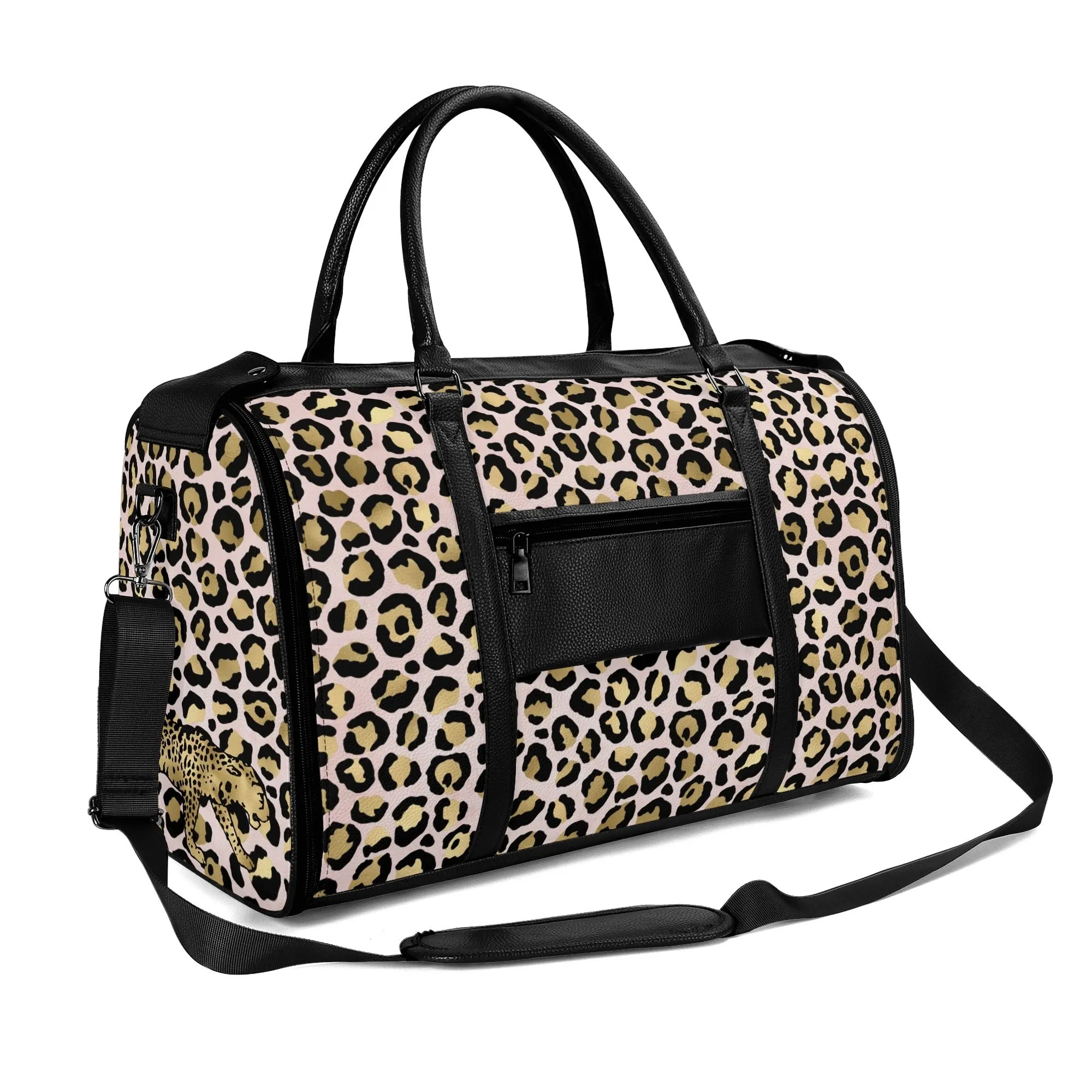 Gold Leopard Pattern Foldable PU Leather Travel Bag with Shoulder Strap