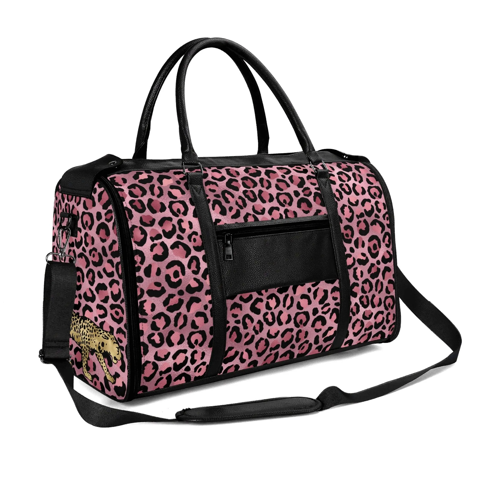 Gold Leopard Pattern Foldable PU Leather Travel Bag with Shoulder Strap