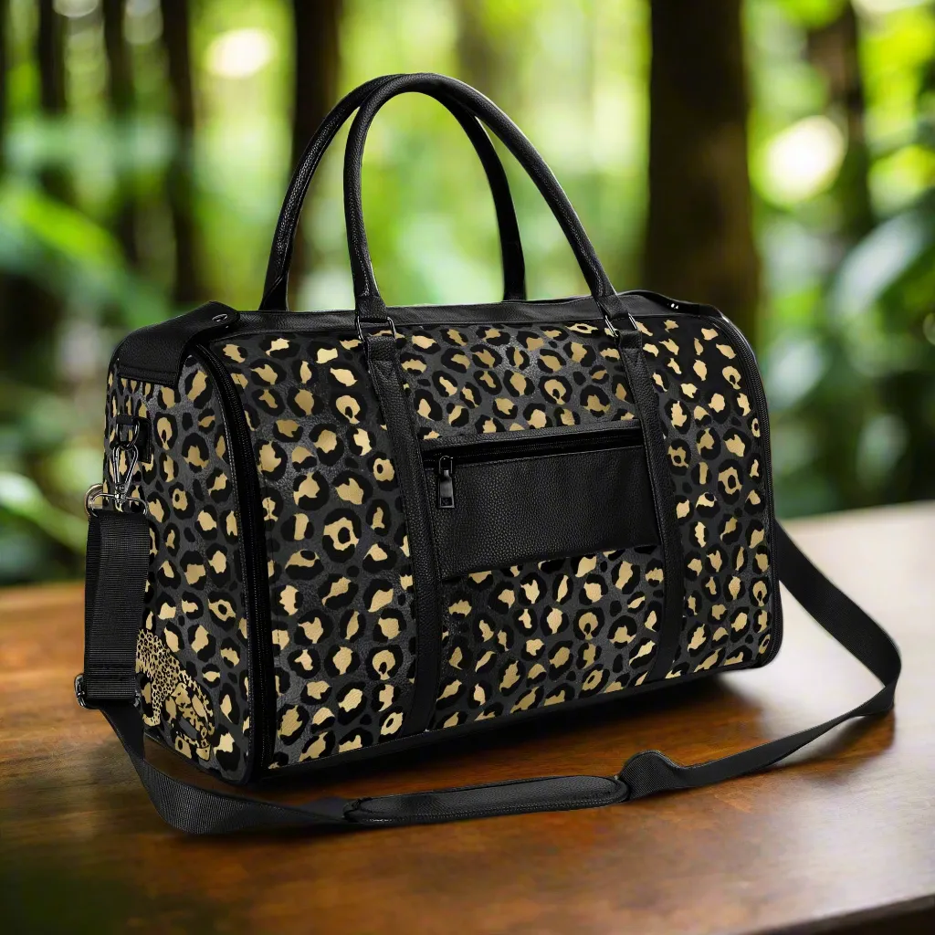 Gold Leopard Pattern Foldable PU Leather Travel Bag with Shoulder Strap