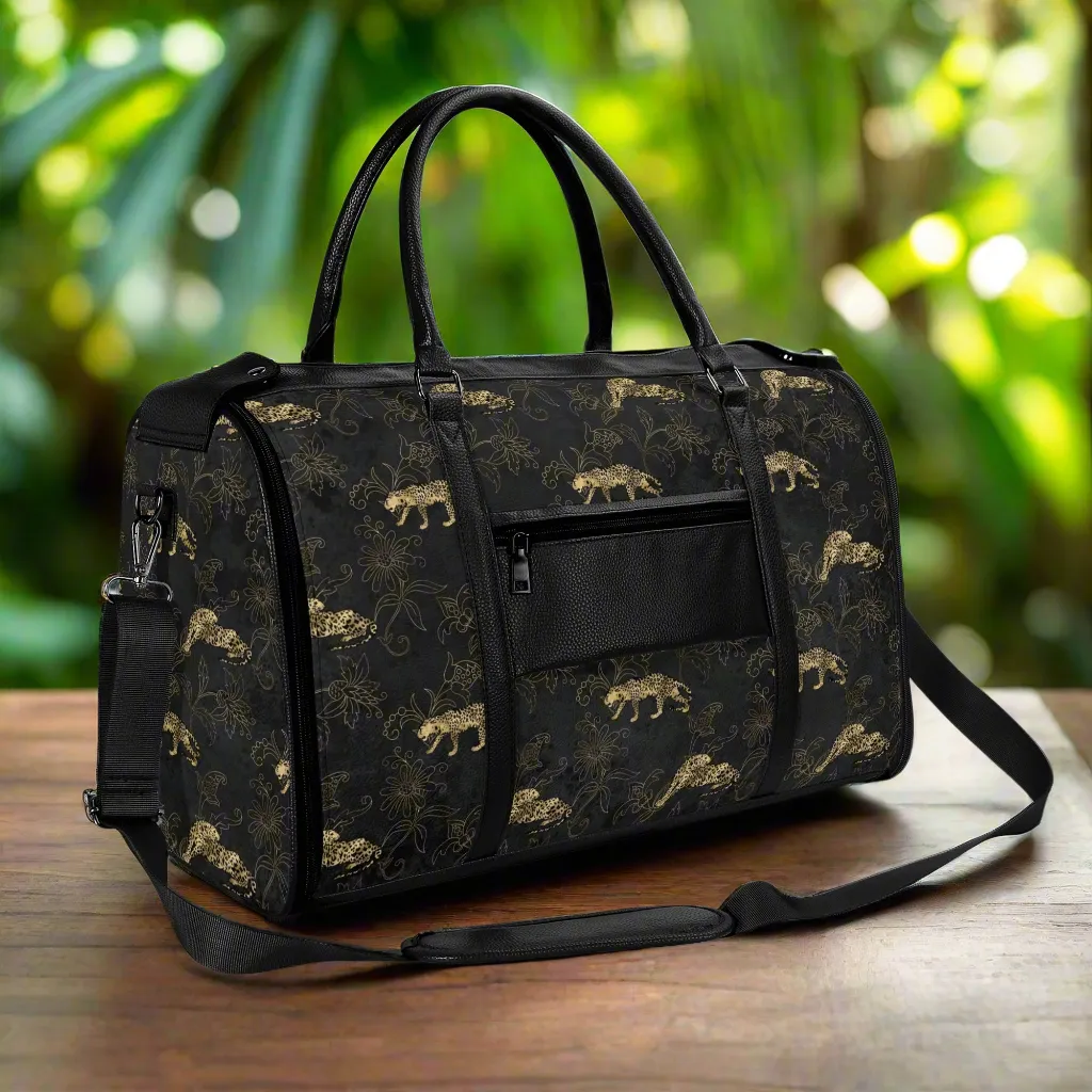 Gold Leopard Pattern Foldable PU Leather Travel Bag with Shoulder Strap