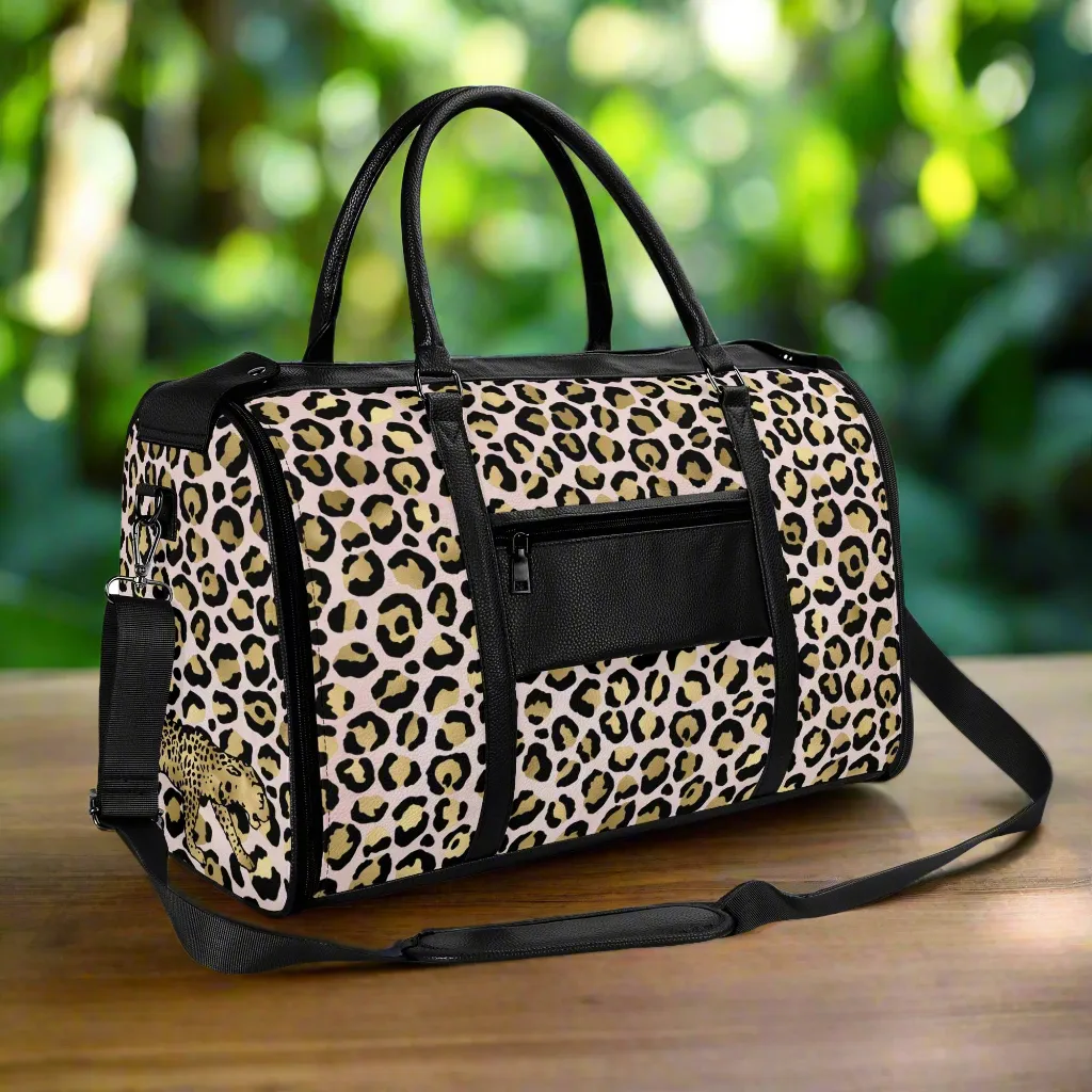 Gold Leopard Pattern Foldable PU Leather Travel Bag with Shoulder Strap