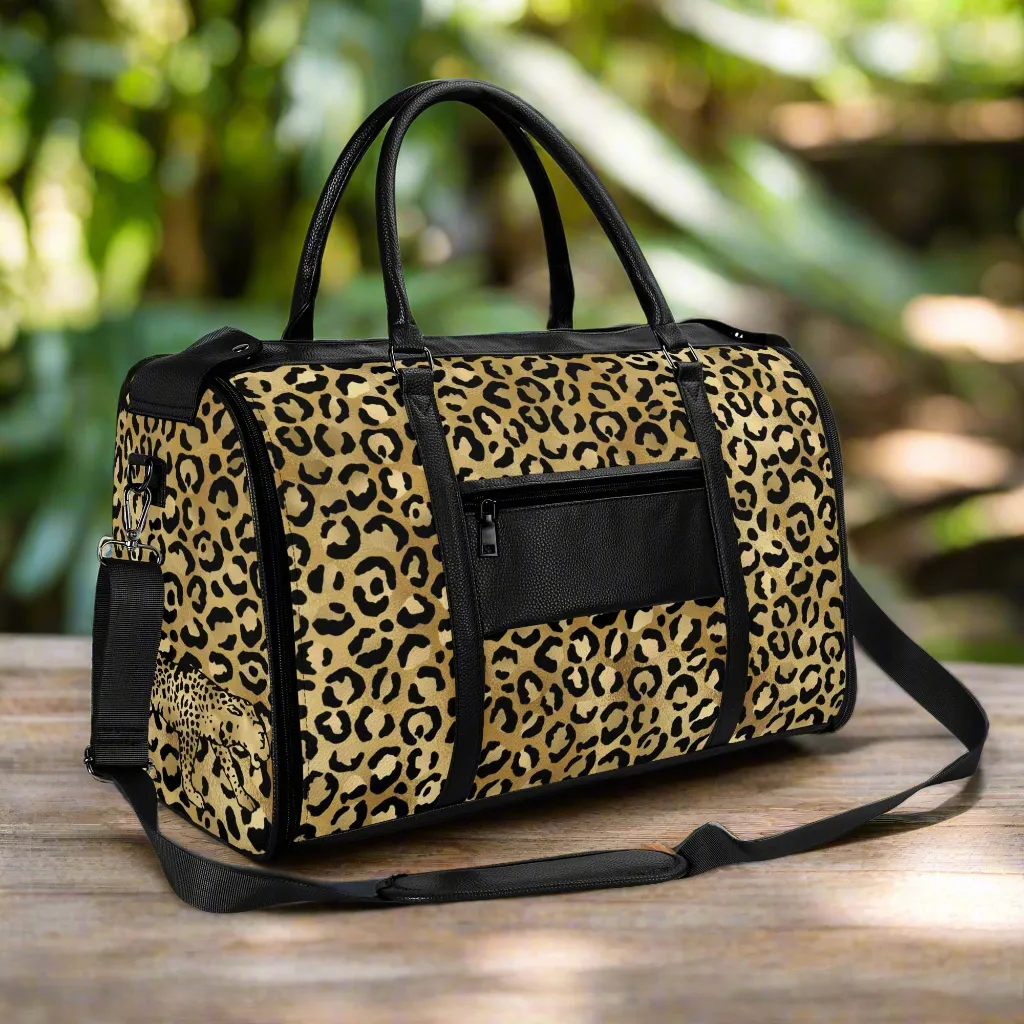 Gold Leopard Pattern Foldable PU Leather Travel Bag with Shoulder Strap