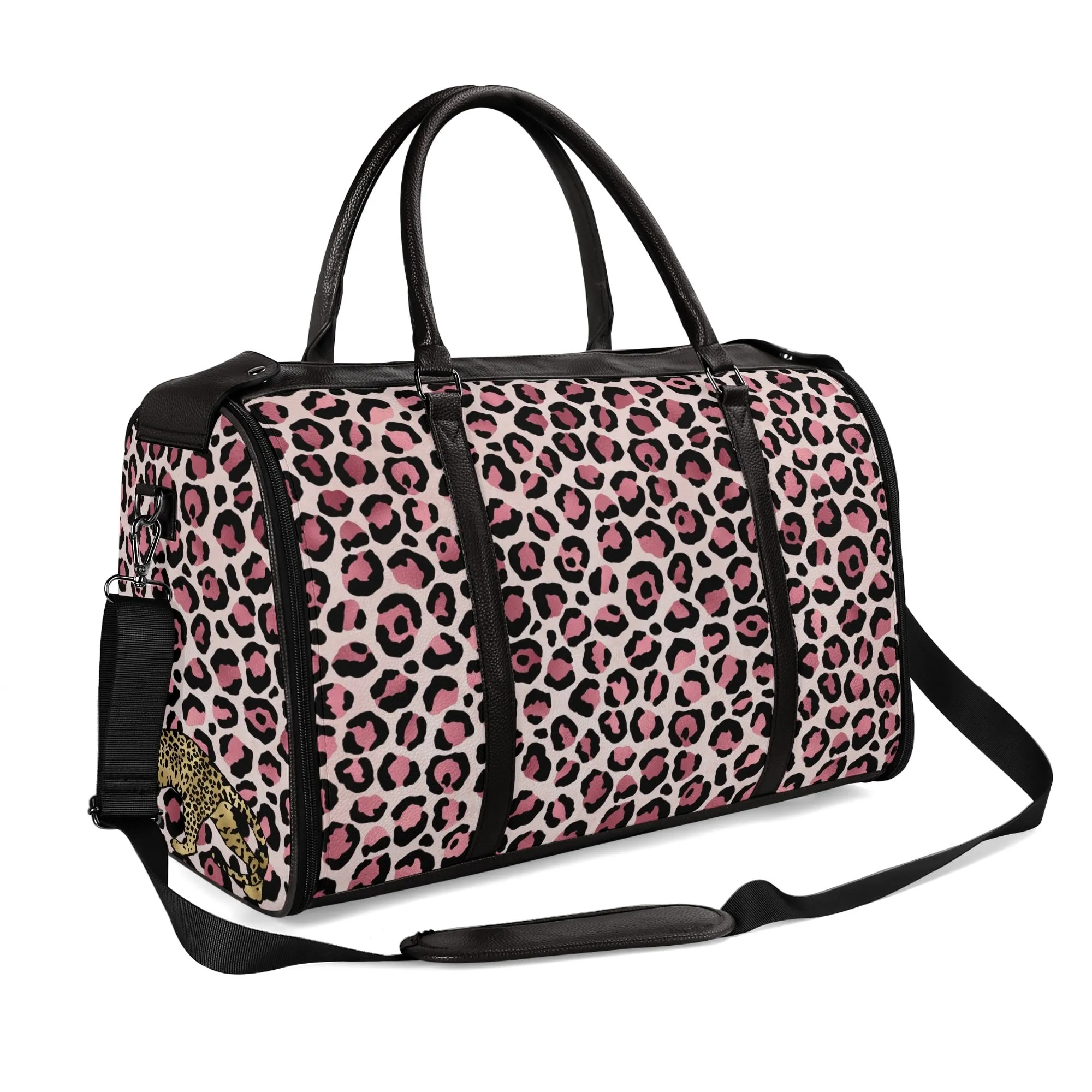 Gold Leopard Pattern Foldable PU Leather Travel Bag with Shoulder Strap