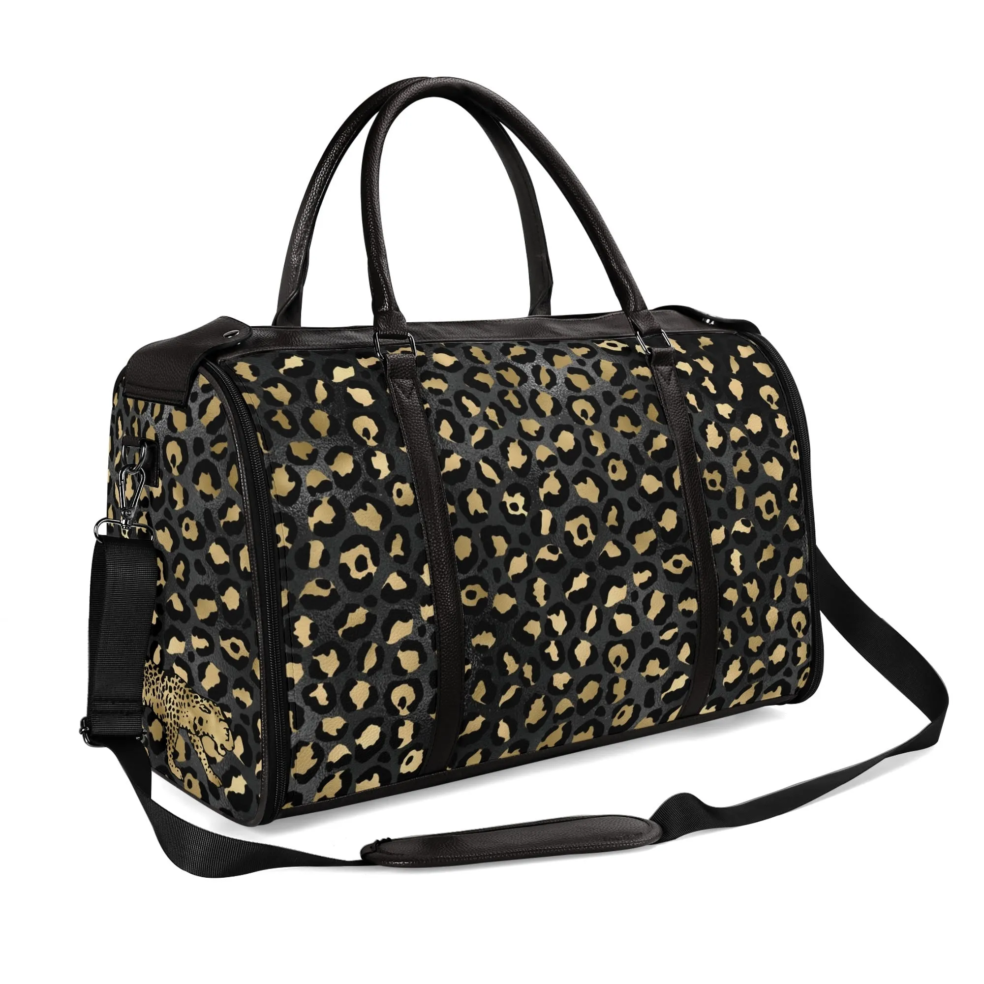Gold Leopard Pattern Foldable PU Leather Travel Bag with Shoulder Strap