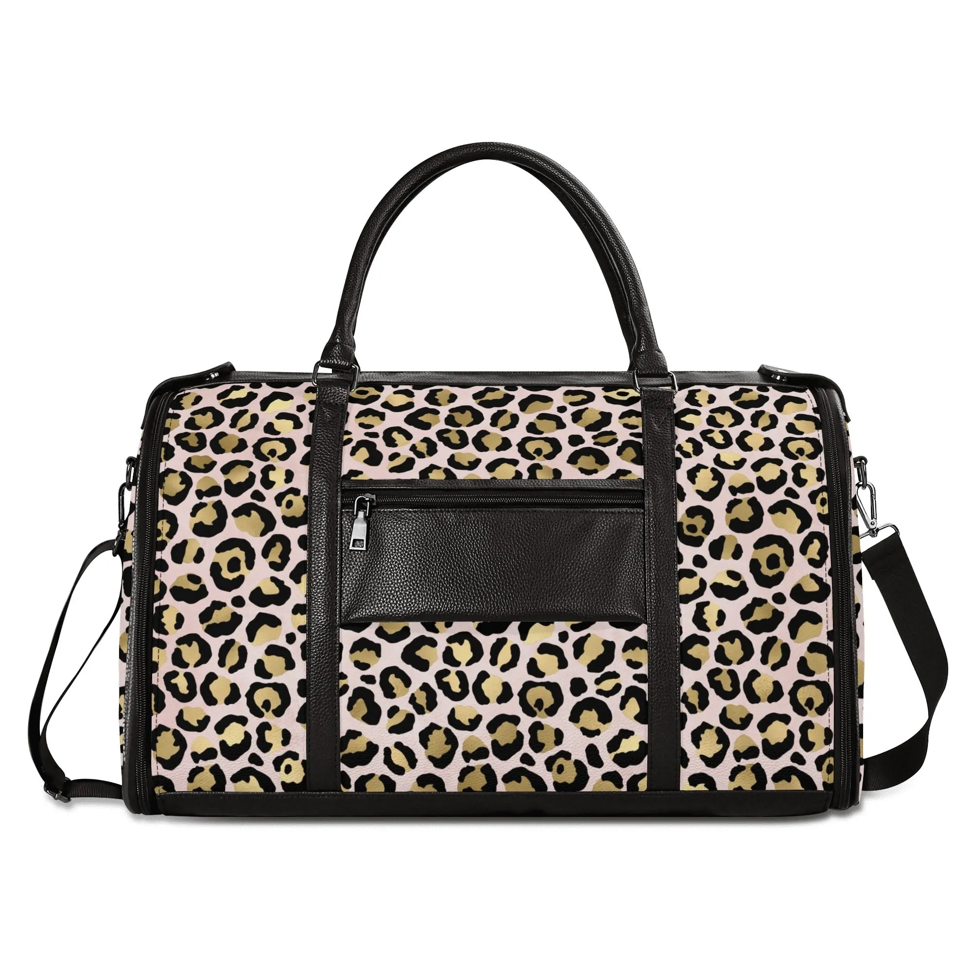 Gold Leopard Pattern Foldable PU Leather Travel Bag with Shoulder Strap