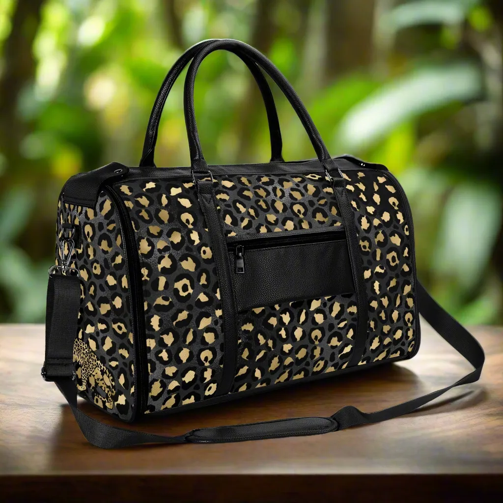 Gold Leopard Pattern Foldable PU Leather Travel Bag with Shoulder Strap