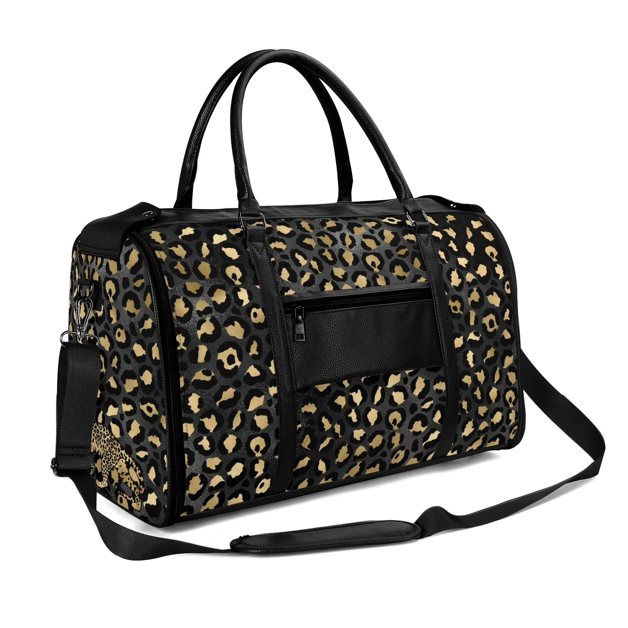 Gold Leopard Pattern Foldable PU Leather Travel Bag with Shoulder Strap