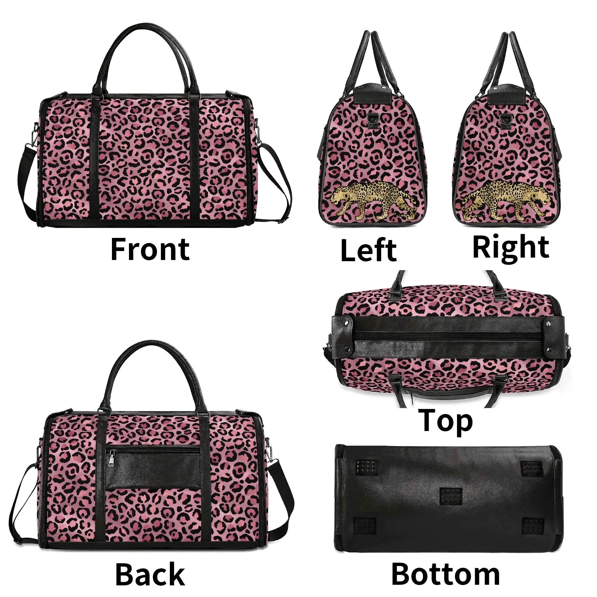 Gold Leopard Pattern Foldable PU Leather Travel Bag with Shoulder Strap