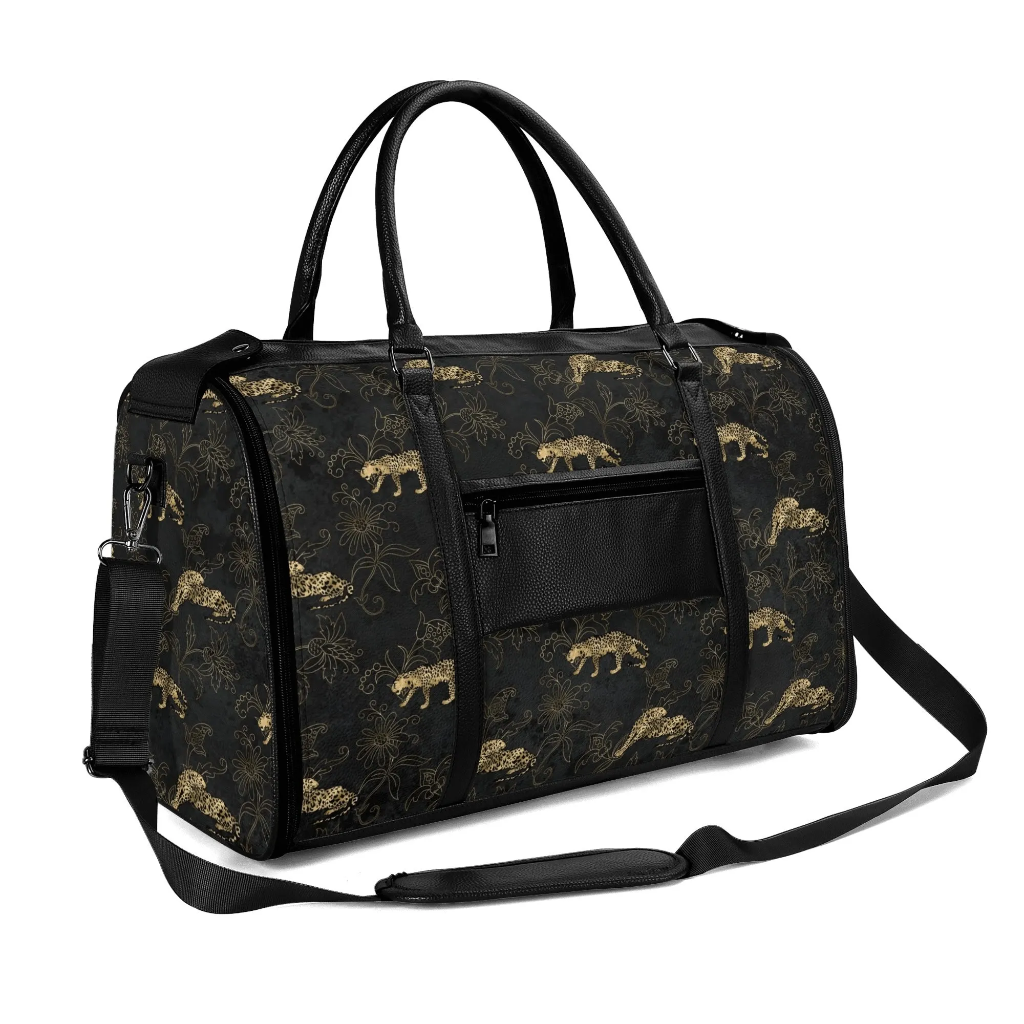 Gold Leopard Pattern Foldable PU Leather Travel Bag with Shoulder Strap