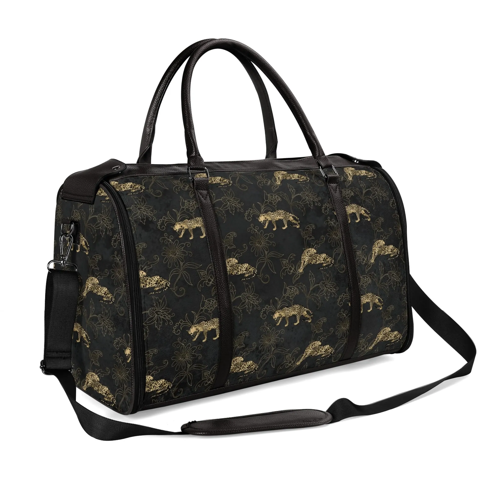 Gold Leopard Pattern Foldable PU Leather Travel Bag with Shoulder Strap