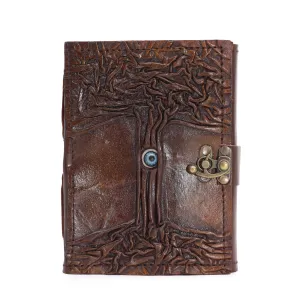 Handcrafted Leather Journal with Tree Embossed Design - Evil Eye Decor - 160 Deckle Edge Pages - 17x12.5cm - Rustic Brown with Metal Clasp Closure