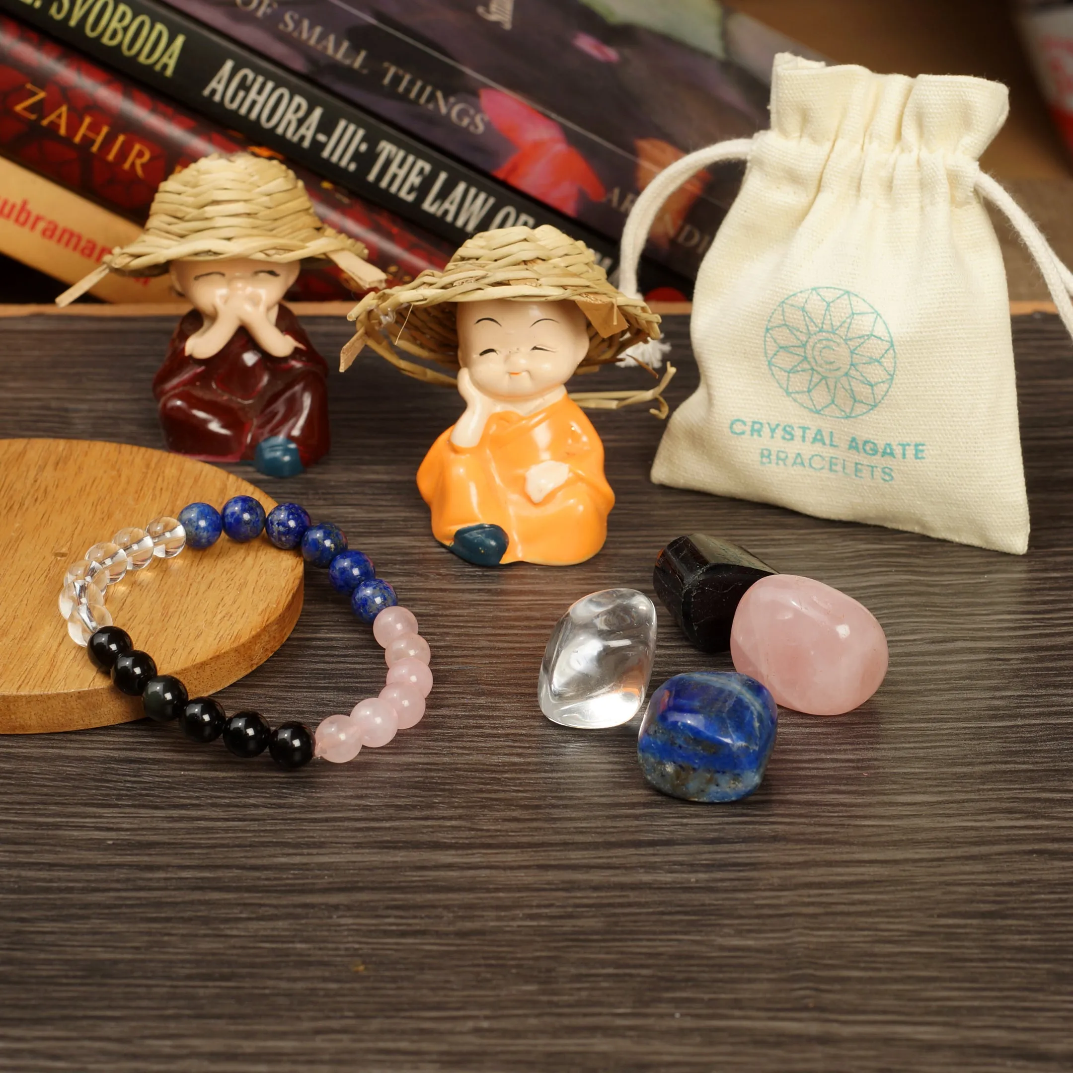Healing Crystals for House Protection set of 5 include one bracelet with Rose Quartz, Crystal Quartz, Black Obsidian, Lapis Lazuli Palm Stones to tackle negativity & emotional baggage, gain creativity