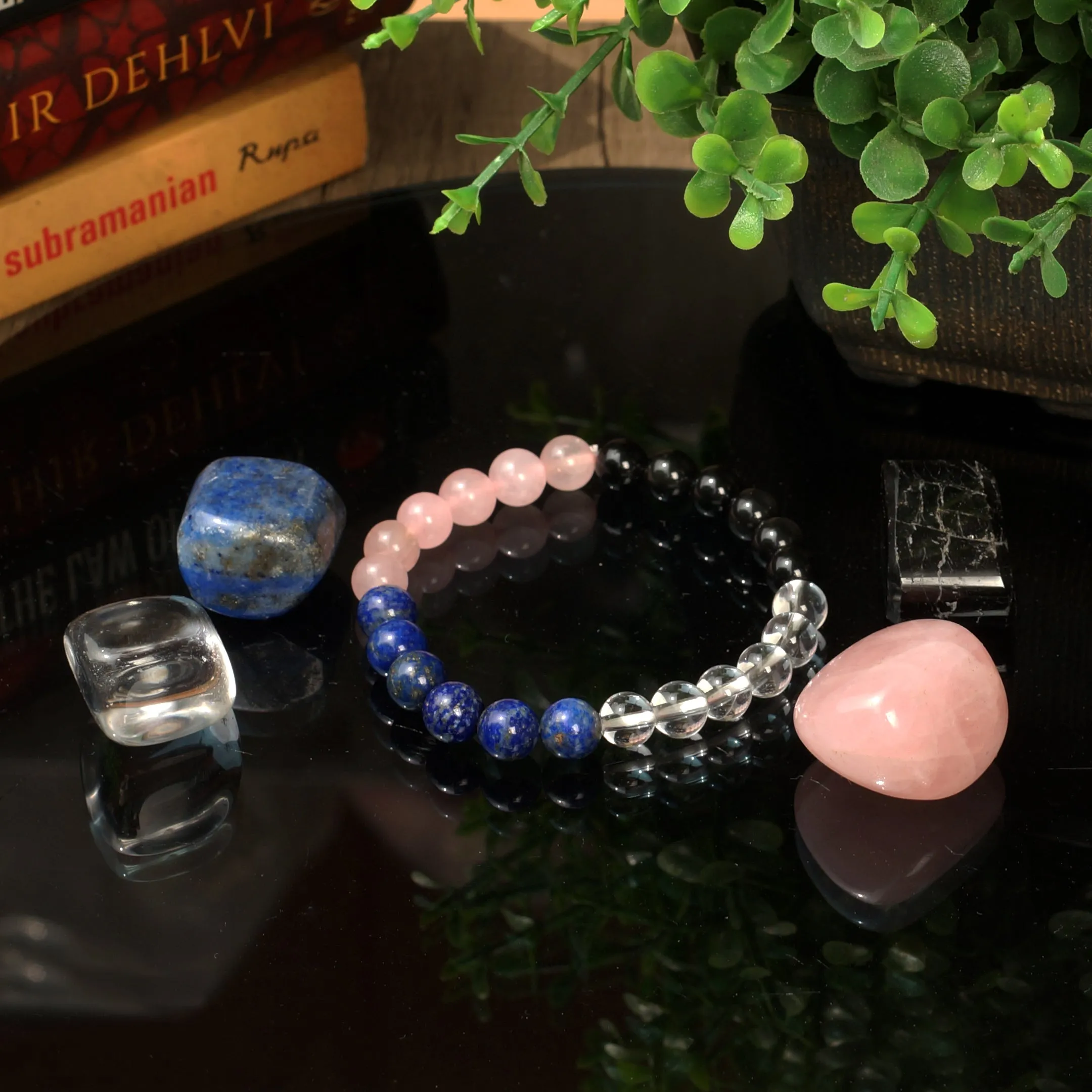 Healing Crystals for House Protection set of 5 include one bracelet with Rose Quartz, Crystal Quartz, Black Obsidian, Lapis Lazuli Palm Stones to tackle negativity & emotional baggage, gain creativity