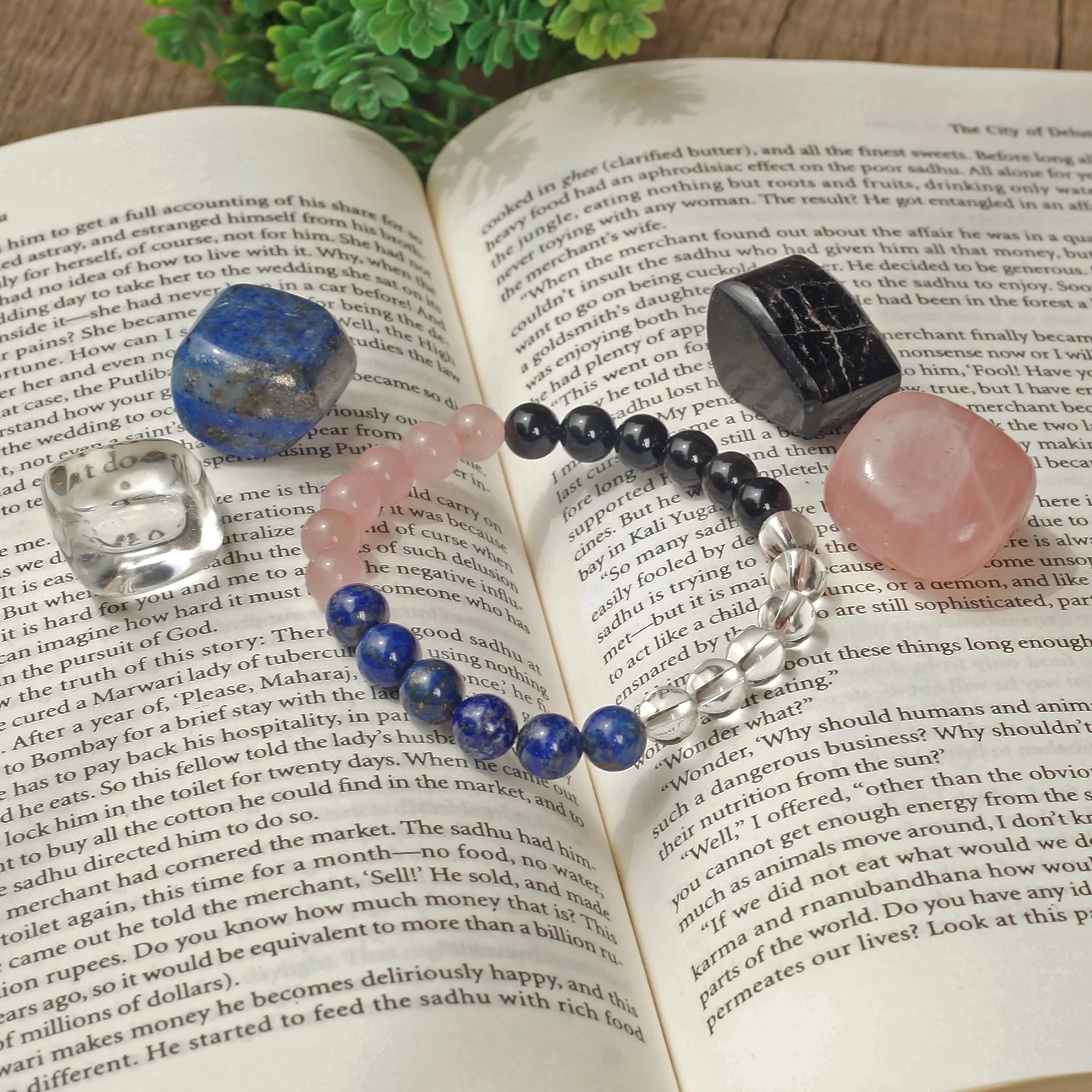 Healing Crystals for House Protection set of 5 include one bracelet with Rose Quartz, Crystal Quartz, Black Obsidian, Lapis Lazuli Palm Stones to tackle negativity & emotional baggage, gain creativity