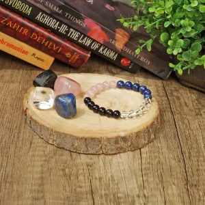 Healing Crystals for House Protection set of 5 include one bracelet with Rose Quartz, Crystal Quartz, Black Obsidian, Lapis Lazuli Palm Stones to tackle negativity & emotional baggage, gain creativity