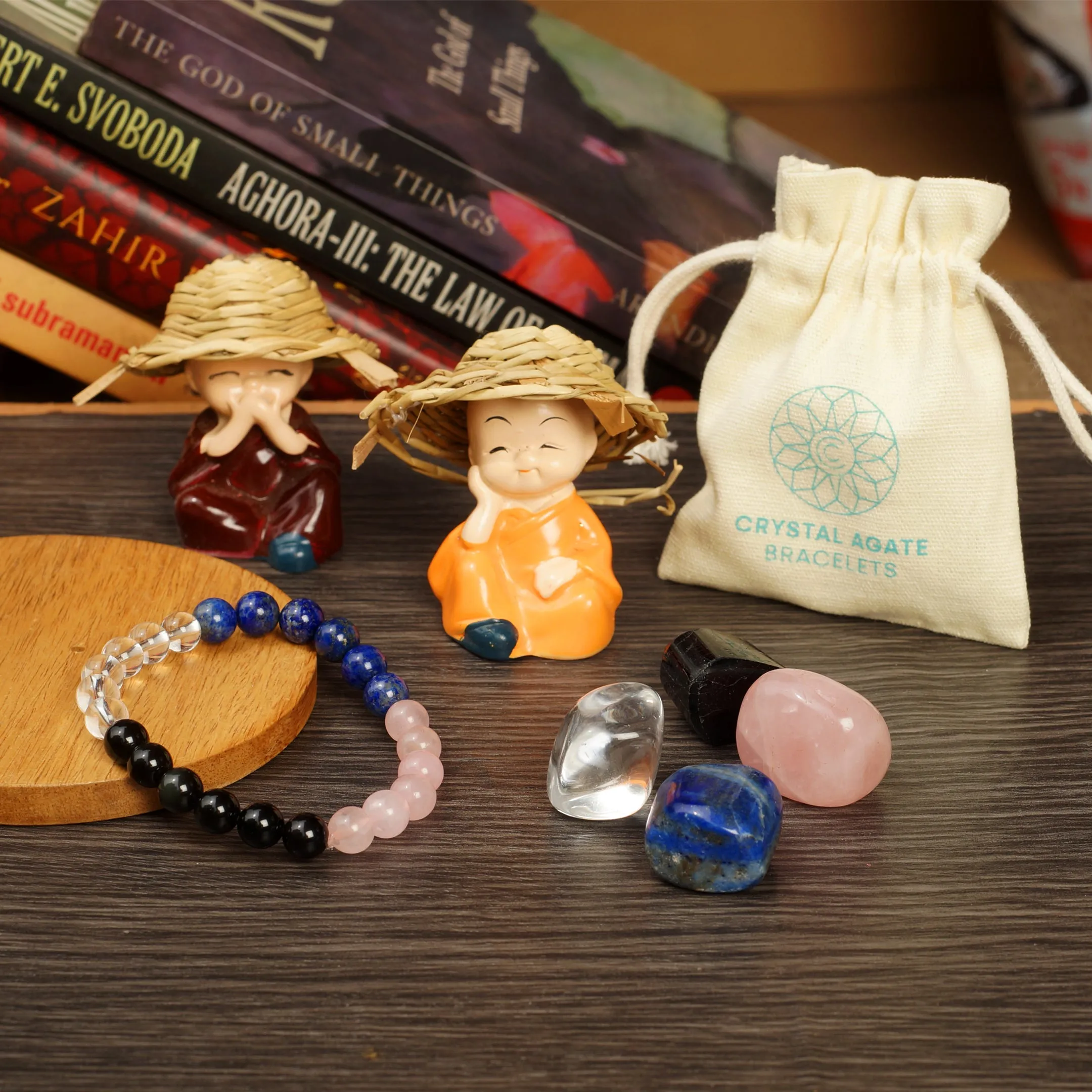 Healing Crystals for House Protection set of 5 include one bracelet with Rose Quartz, Crystal Quartz, Black Obsidian, Lapis Lazuli Palm Stones to tackle negativity & emotional baggage, gain creativity
