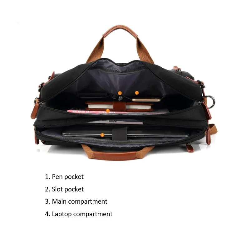 Hybrid Leather Trimmed Nylon Briefcase, Converts to Backpack, Two Sizes