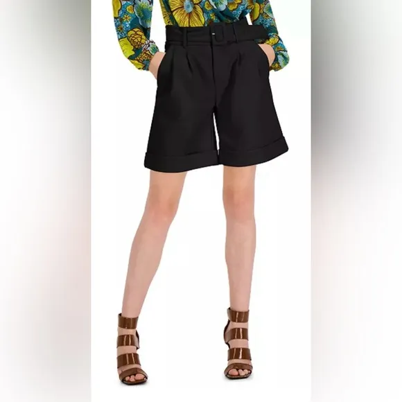 INC International Concepts Faux-Leather Paperbag-Waist Shorts, XS, Deep Black)