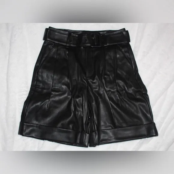 INC International Concepts Faux-Leather Paperbag-Waist Shorts, XS, Deep Black)