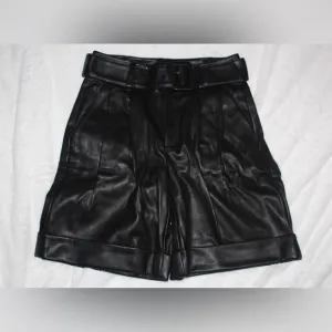 INC International Concepts Faux-Leather Paperbag-Waist Shorts, XS, Deep Black)