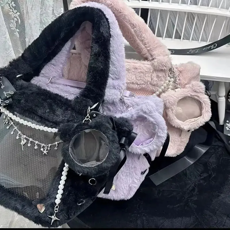 Kawaii Dreams: 3D Bow-Adorned Plush Ita Bag with Transparent Pockets 🦄✨