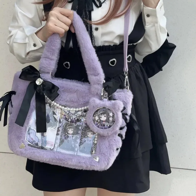 Kawaii Dreams: 3D Bow-Adorned Plush Ita Bag with Transparent Pockets 🦄✨