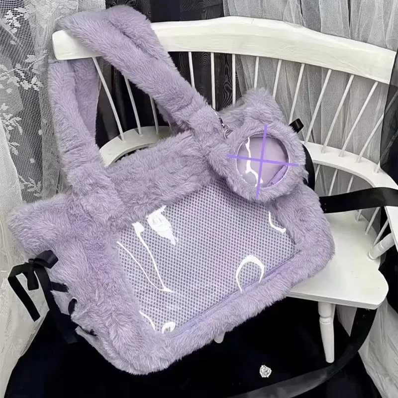 Kawaii Dreams: 3D Bow-Adorned Plush Ita Bag with Transparent Pockets 🦄✨