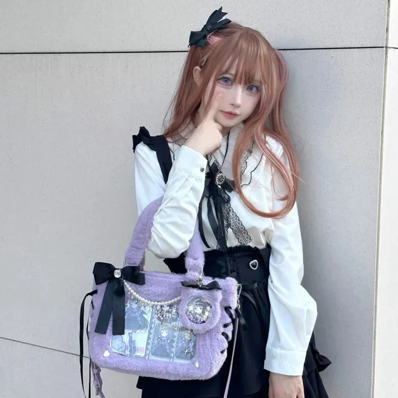 Kawaii Dreams: 3D Bow-Adorned Plush Ita Bag with Transparent Pockets 🦄✨